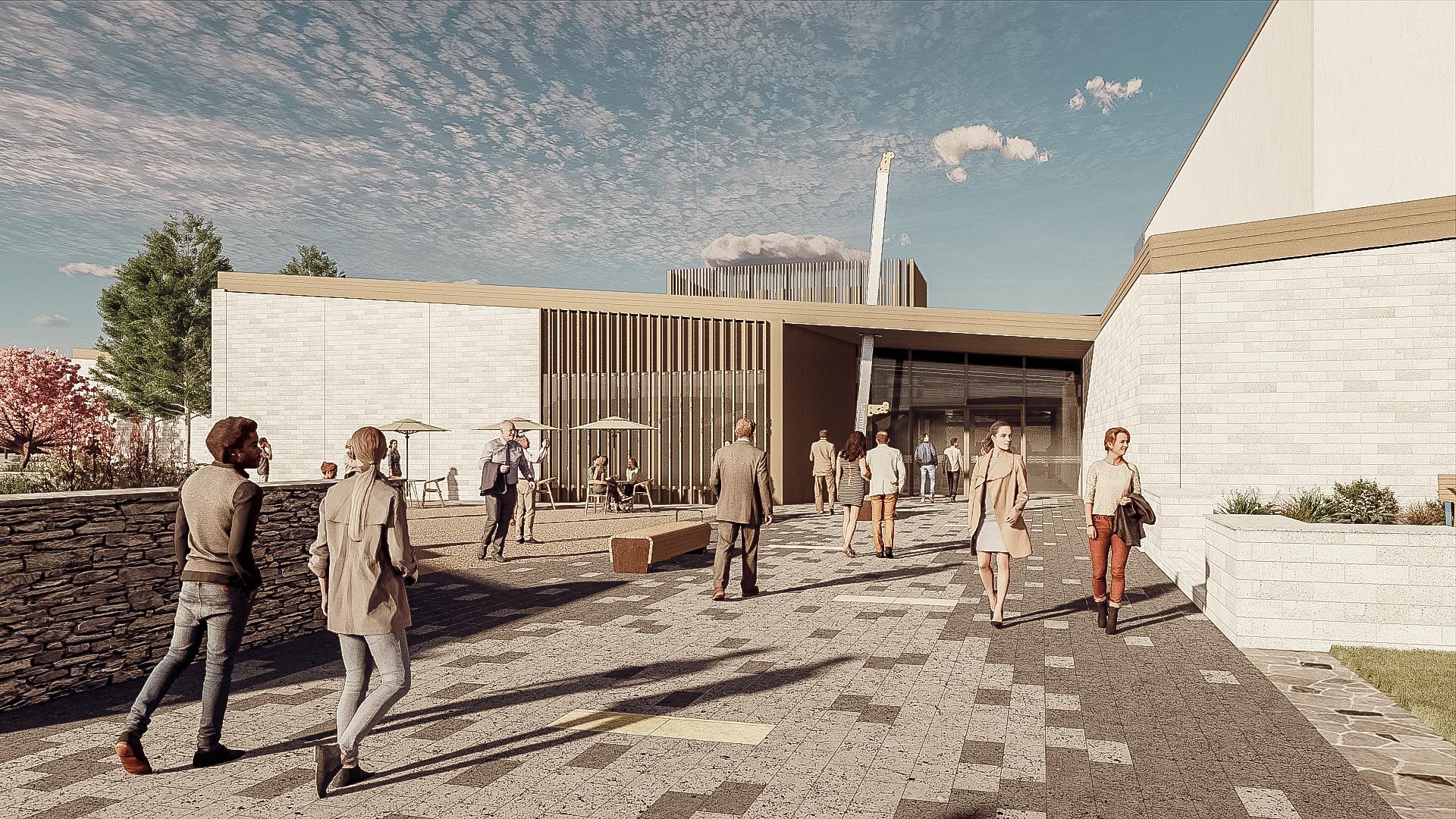 Cromwell Community Venue — main entry and plaza architectural render